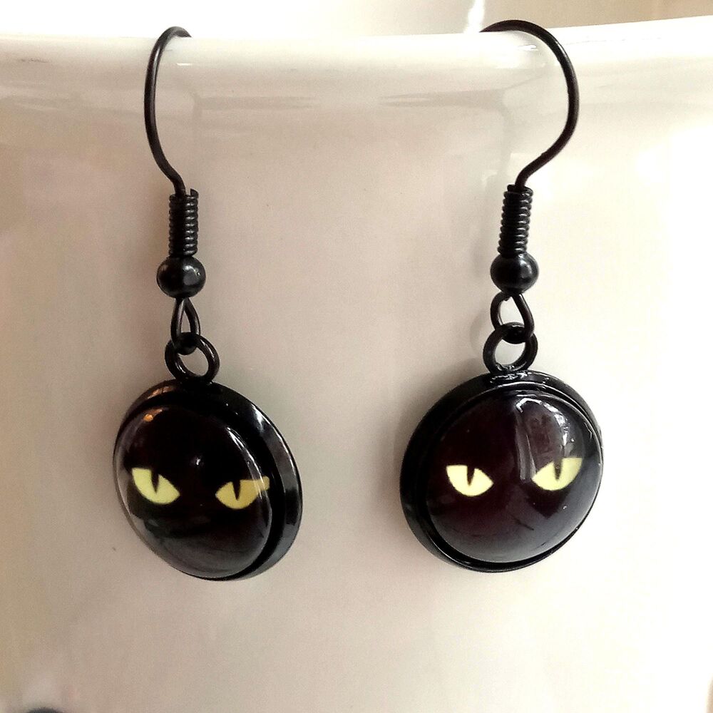 Black Cat Eye Dangle Earrings: Halloween Jewelry